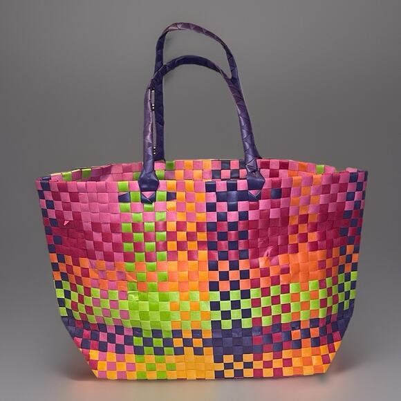 Summer Beauty Tote Bag Large Vibrant Multicolor Woven Recycled Plastics - Picture 1 of 6